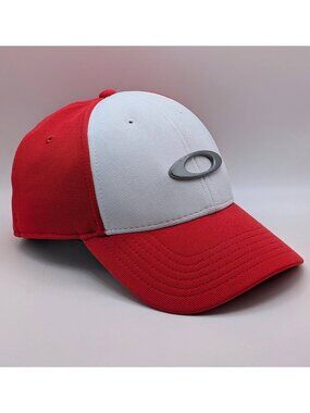 Oakley Flex Baseball Cap Hat Red White Silver S/M Stretch Metal Ellipse Vintage